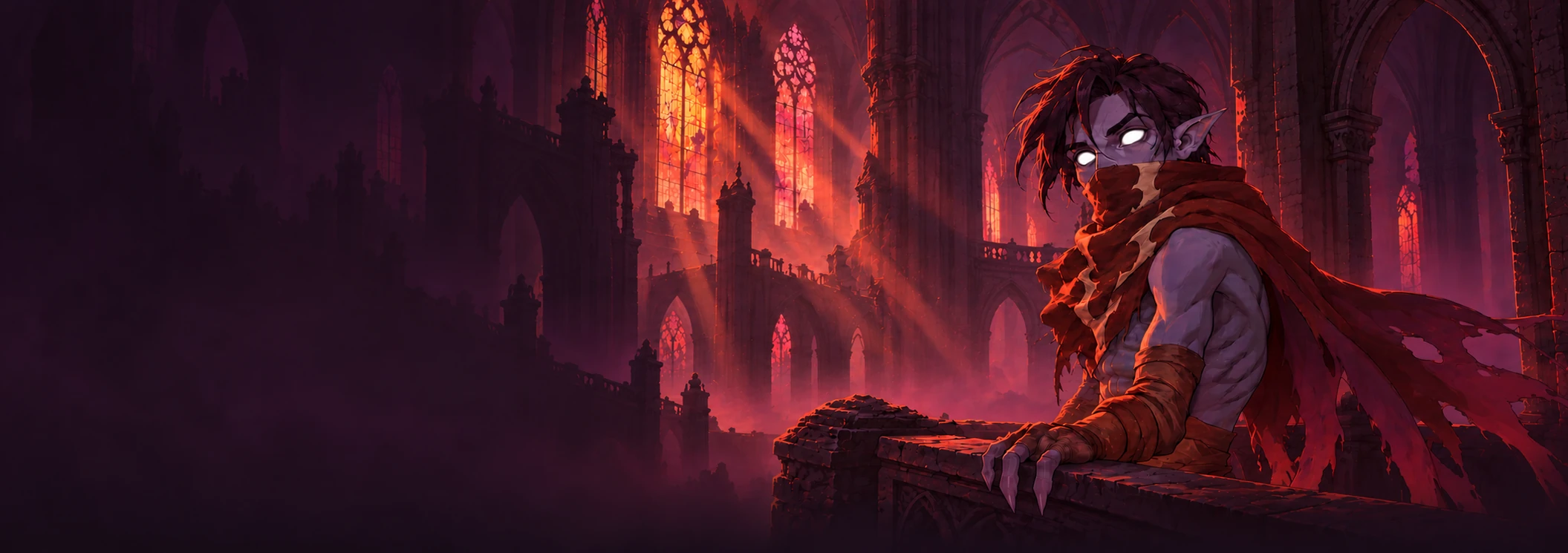 Raziel overlooking a gothic cathedral glowing with rose and ember light.